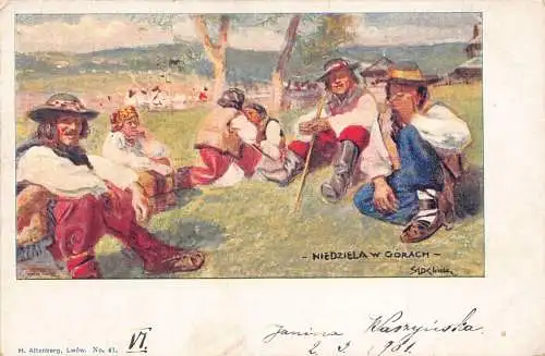 L163 Polen 1901 Landleben ethnisch Sonntag signiert S Debickiego Postkarte