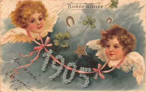 L174 Neujahrsgrüße 1905 Cherubs Kleeblatt Hufeisen Glück geprägte Postkarte