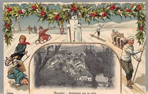 L174 Suisse Boudry 1924 Gruß Wintersport Schneemann Heiliger Baum Ski Postkarte
