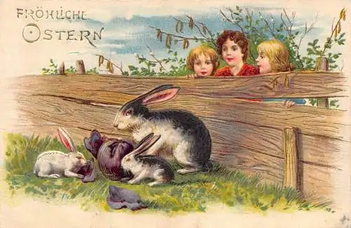 L175 Ostergrüße 1907 Kinder Hasen geprägte Litho Postkarte