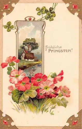 Pfingstgrüße Passepartout Landschaft Primel Kleeblatt Prägepostkarte