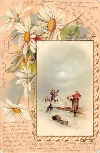 Passepartout 1902 Gänseblümchen Blumen Fischer Mondschein geprägte Postkarte