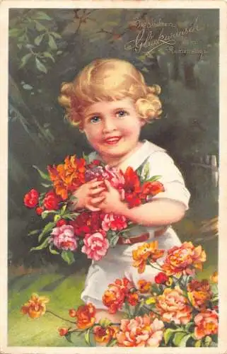 A062 Namenstag Grüße 1931 Happy Girl mit Blumen Rosen Vintage Postkarte