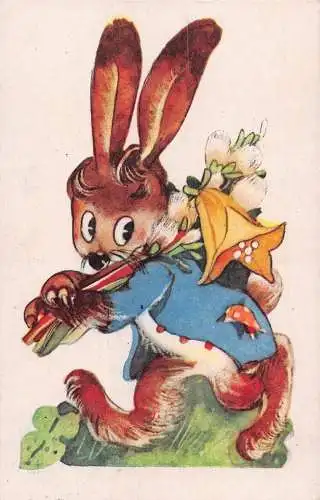 A062 Ostergrüße 1940 Hase im Anzug fürsorgliche Blumen Künstlerkarte Postkarte