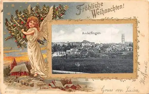 L174 Suisse Andelfingen 1907 Weihnachtsgrüße Engel Baum Prägepostkarte