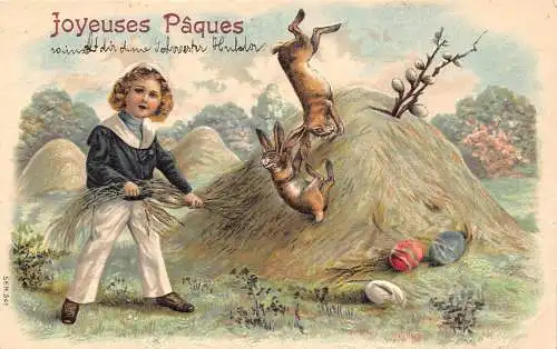 L175 Ostergrüße 1910 Junge Hasen Eier Prägepostkarte