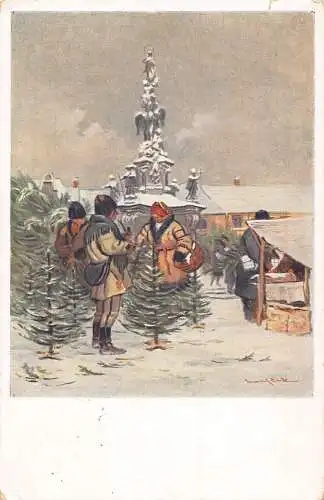 A062 Gemälde 1941 Bauern wählen Weihnachtsbaum Schnee signiert Postkarte
