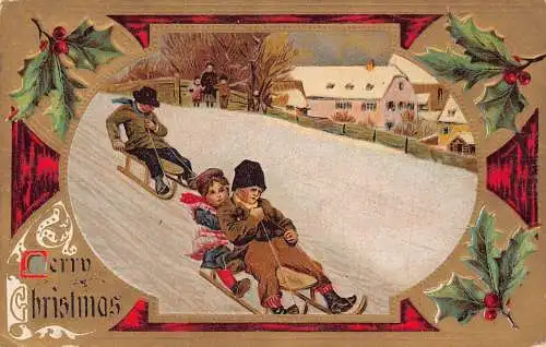 L174 Weihnachtsgrüße Kinder Schlitten Heiliger Baum Prägepostkarte