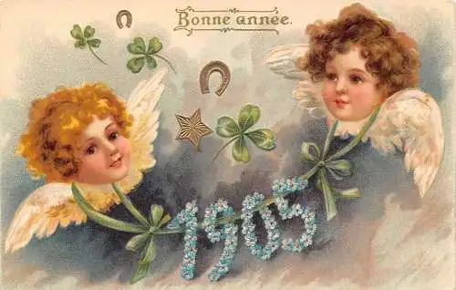 L174 Neujahrsgrüße 1905 Cherubs Kleeblatt Hufeisen Glück geprägte Postkarte