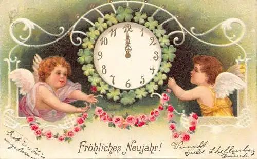 L174 Neujahrsgrüße 1907 Uhr Cherubs Blumen Kleeblatt geprägte Postkarte