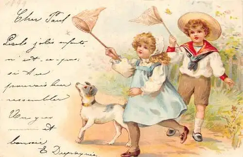 L174 Schweiz 1899 Kinder jagen Schmetterlinge Hund Litho Postkarte