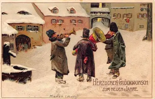 L174 Neujahrsgrüße Männer spielen Instrument Trompete geprägt Vintage Postkarte