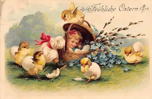 L175 Ostergrüße 1909 Mädchen Küken Blumen Korb geprägt Litho Postkarte