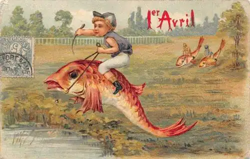 L162 Aprilscherz Jungen reiten Fisch surreale Comic geprägte Postkarte