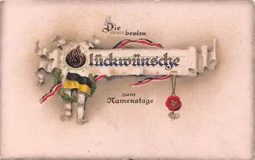 A061 Namenstag Grüße 1916 Feldpost 1. Weltkrieg Viel Glück Fahne Bänder Postkarte