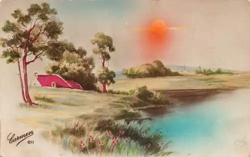 A061 Gemälde 1926 Landschaft bei Sonnenuntergang See Baumhaus signiert Carmen Postkarte
