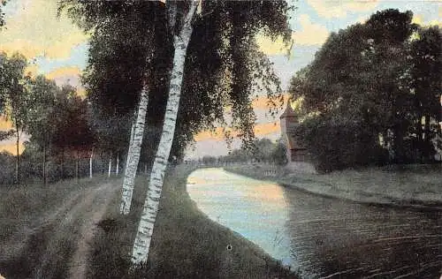 A060 Deutschland 1914 Flusslandschaft Wald Birken Bahn Post Post Postkarte