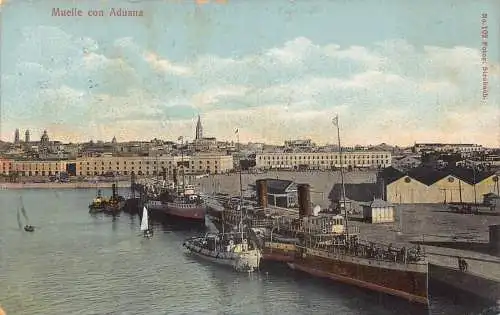 A060 Spanien Sevilla Muellecon Aduana Dampfschiffe Hafen Vintage Postkarte