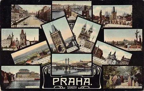 A061 Tschechien 1908 Prag Mehrfachansicht Kostel Panny Karluv meist Brücke Postkarte