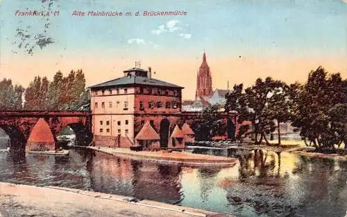 A060 Deutschland 1912 Frankfurt am Main Alte Brücke Mühle Fluss Vintage Postkarte
