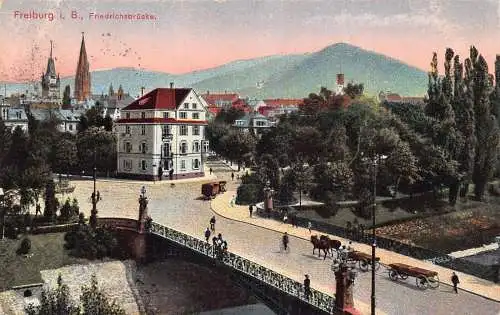 A060 Deutschland 1915 Freiburg i Br Friedrichs Brücke Waggons 1. Weltkrieg Feldpostkarte
