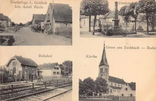 L005 Deutschland 1918 Gruss aus Eschbach Kirche Bahnhof Vintage Postkarte