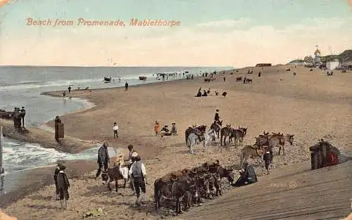L069 England Mabelthorpe Beach von der Promenade 1908 Esel Vintage Postkarte