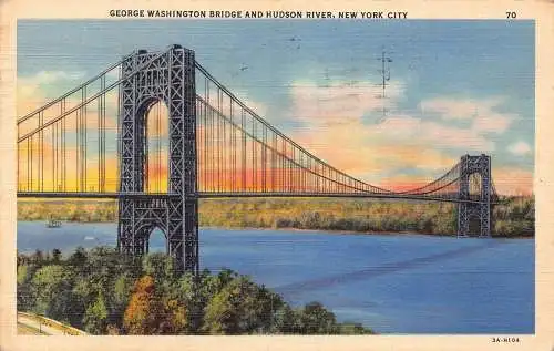 L068 USA New York City 1928 George Washington Bridge und Hudson River Postkarte