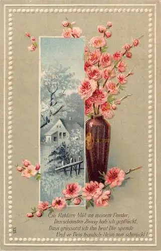 Kirschblütenzweig in Vase Passepartout Landschaftshaus geprägte Postkarte