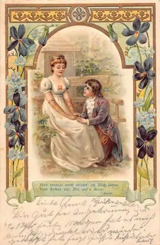 Idyllisches Paar Hochzeit 1904 Veilchen und Vergissmeinnicht Blumen geprägte Postkarte