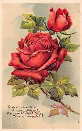 Liebesgedicht Rose Blumen Zweig Vintage geprägte Postkarte