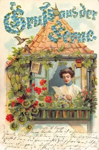 Gruss aus der Ferne 1905 Frau liest Brief Balkon Vögel Prägepostkarte