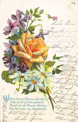 Frühlingsgrüße 1905 Rosen Veilchen und Gänseblümchen Blumen geprägte Postkarte