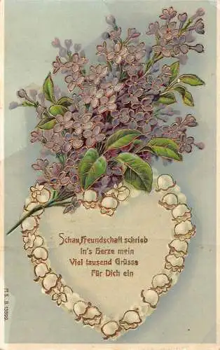 Gruß 1909 Liliac Blumenzweig Maiglöckchen Herz Prägepostkarte