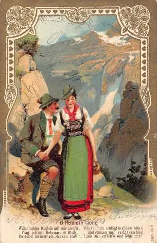 Paar in traditionellen deutschen Trachten 1905 Berglandschaft geprägte Postkarte