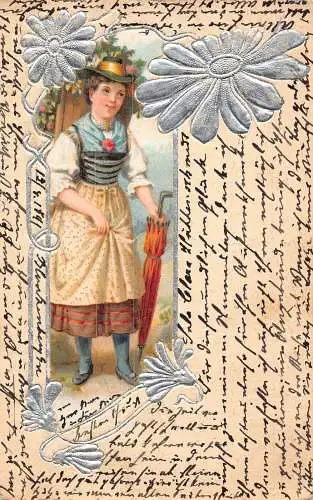 Passepartout 1901 Süße Frau Hut Regenschirm Silber Blumen Prägung Postkarte