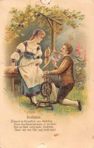 Frau, die Whool dreht, Mann in den Knien bietet Rosenstrauß 1907 geprägte Postkarte an