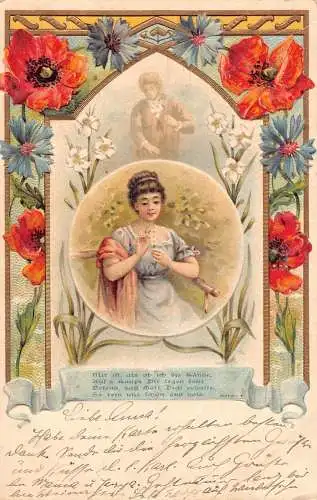 Frau denkt an Liebhaber Mohnblumen 1904 geprägte alte Postkarte