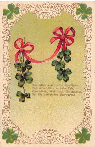 Glücksgrüße Kleeblätter gebunden in Band geprägt Vintage Postkarte
