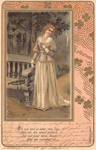 1902 Frau weißes Kleid wartet auf Liebhaber Kleeblätter geprägte Postkarte