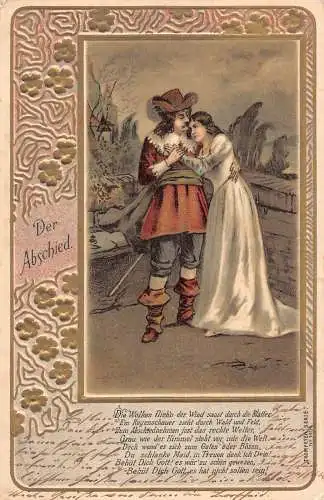 Paar nimmt Abschied 1902 Goldene Blumen Gedicht geprägte Postkarte