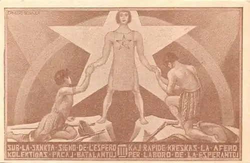 Esperanto Zamenhof 1925 Stern Männer halten Händchen Kunst signiert Ernesto Gebauer Postkarte