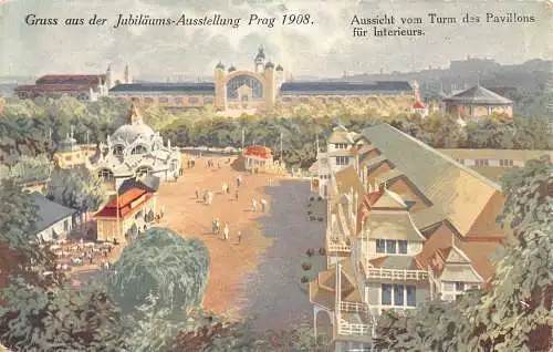 A875 Tschechien 1908 Jubiläumsausstellung Prager Turm Blick über Pavillons Postkarte