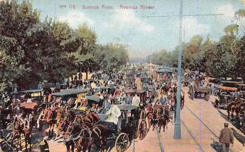 A878 Argentinien Buenos Aires Avenida Alvear Kutschen Straßenbahn Vintage Postkarte
