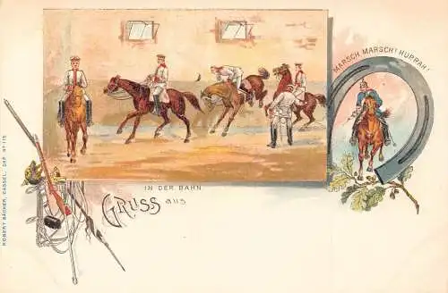 L002 Deutschland 1900 Gruss aus Kavallerie Hufeisen Militär Soldaten Litho Postkarte