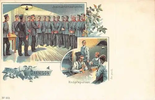 L002 Deutschland 1900 Gruss aus der Garnison Militär Litho Postkarte