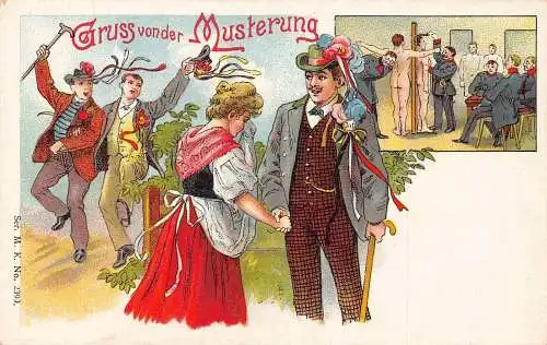L002 Deutschland 1900 Gruss von der Musterung Humor Militär Paar Litho Postkarte
