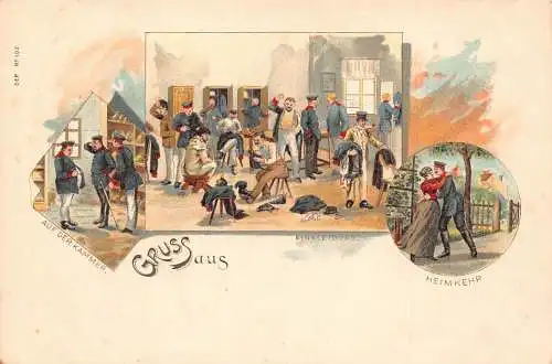 L002 Deutschland 1895 Gruss aus Militär Heimkher Kammer Einteilung Litho Postkarte
