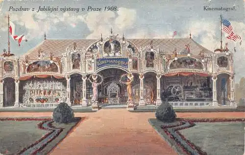 A881 Tschechien Jubiläumsausstellung Prag 1908 Kino Kinematograf Vintage Postkarte