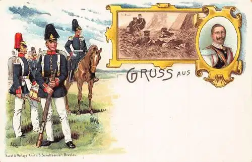 L002 Deutschland ca 1900 Gruss aus Kaiser Wilhelm Soldaten Militär Litho Postkarte